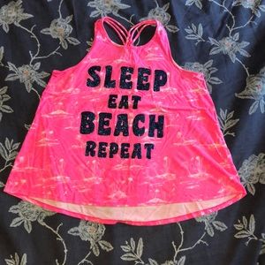 Tank top, says “Sleep, eat, beach, repeat”